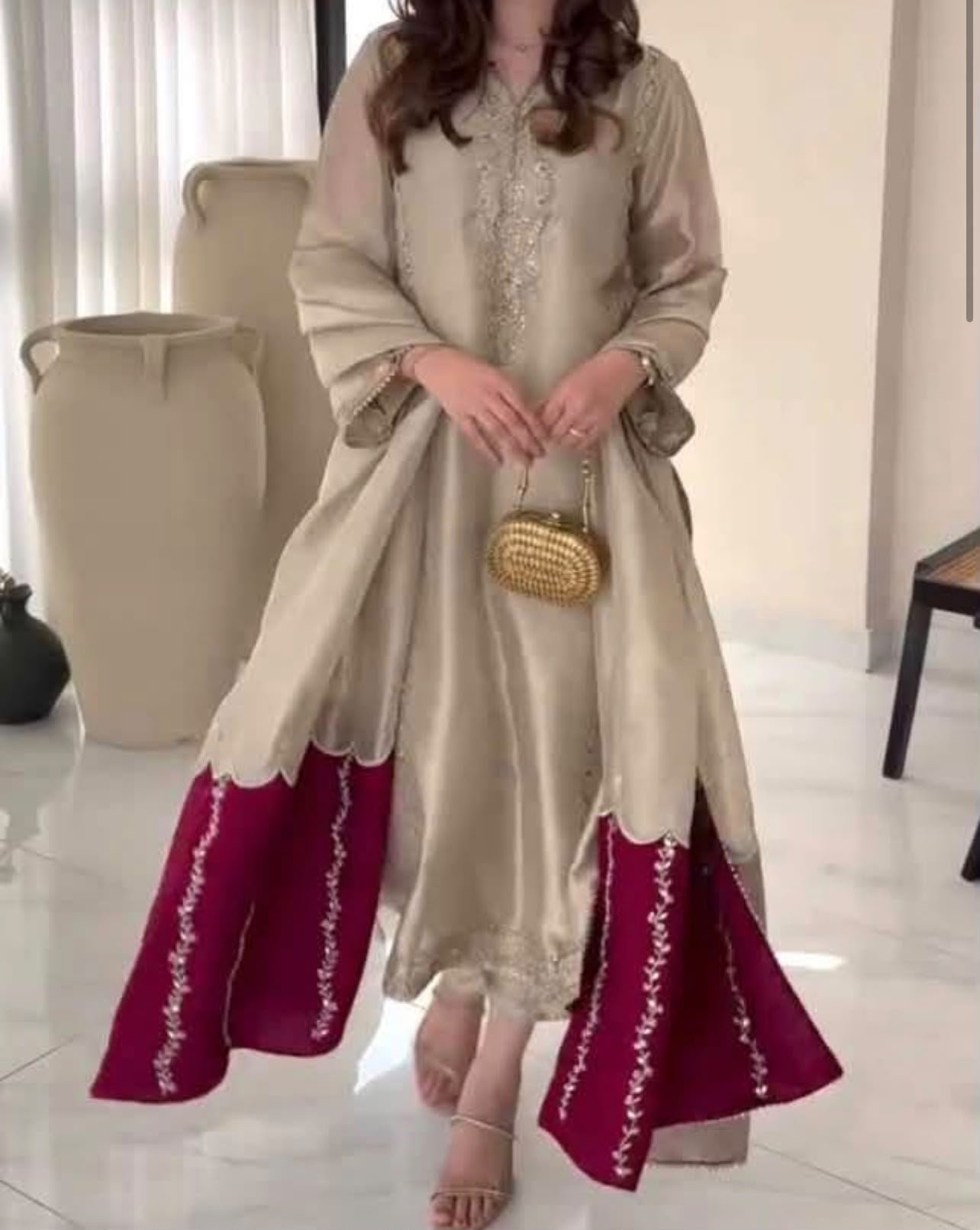 Beige embroidered tunic with magenta sharara pants